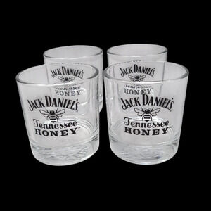 Jack Daniels Tennessee Honey Set of‎ 4 Whiskey Glasses on the Rocks Bee Bottom